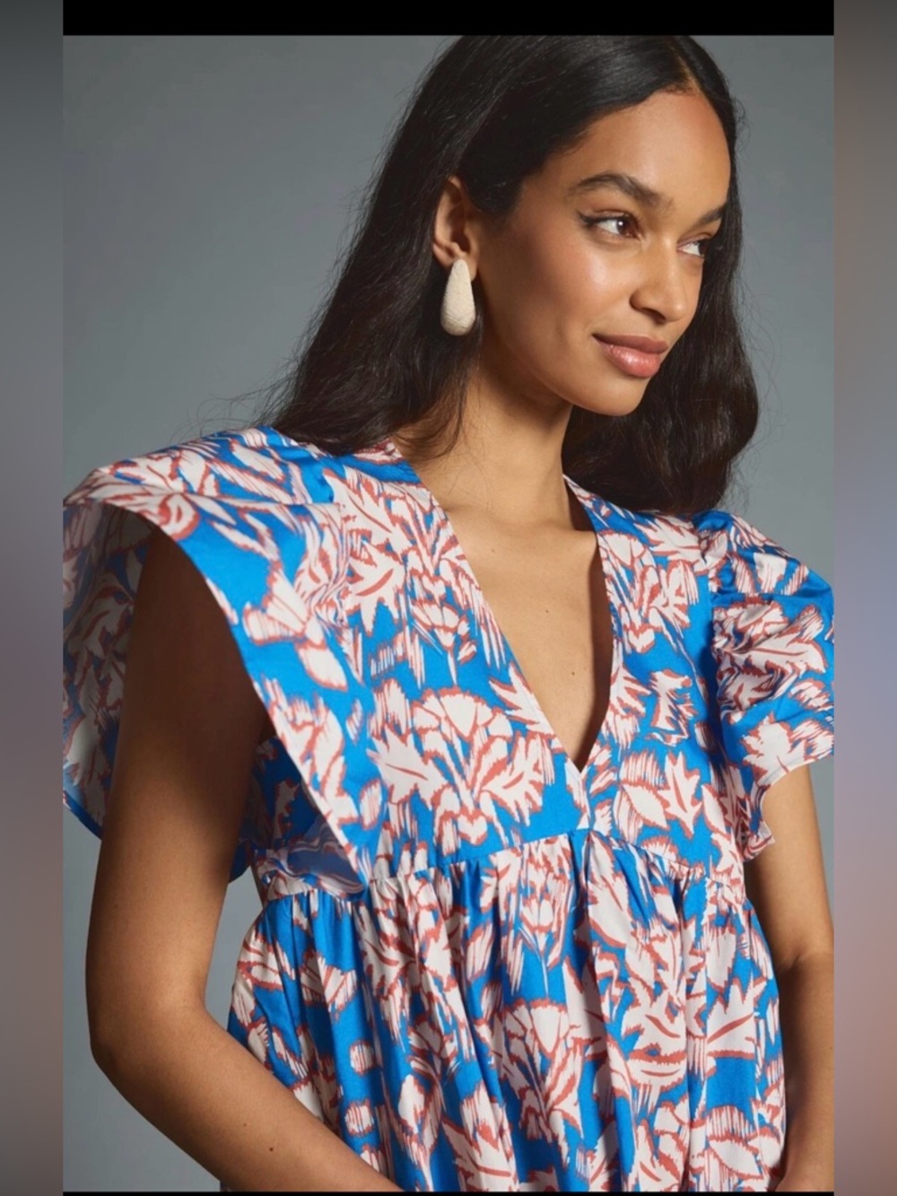 Anthropologie Maeve Blue Printed Flutter-Sleeve Babydoll Dress, Floral, Large - Picture 8 of 9